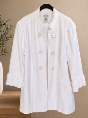 Multiples White Linen Blend Ruffle Trim Jacket Pearl Button XL